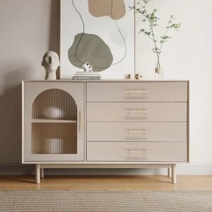 Beige Storage Cabinet with Drawers & Glass Door Storage Cabinet