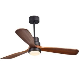 Black & Walnut Coloured LED Ceiling Fan Light with 3 Blades & Glass Shade & Remote Control