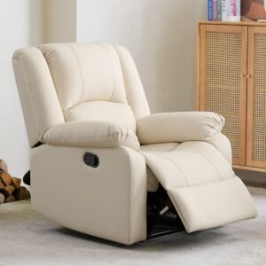 Genuine Leather White Coloured Manual Recliner Chair with Overstuffed Arm and Back