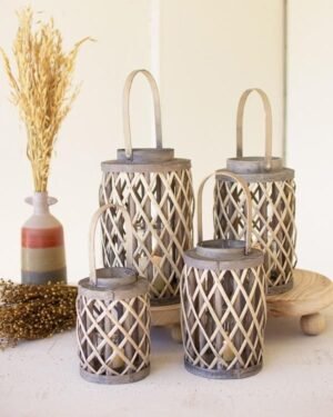 Grey Willow Cylinder Lanterns With Glass Inserts