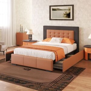 Leather and Velvet Upholstered Queen Platform Bed with Drawers