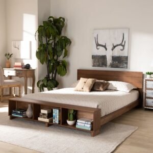 Modern Rustic Ash Walnut Brown Finished Wood Queen Size Platform Storage Bed with Built-In Shelves