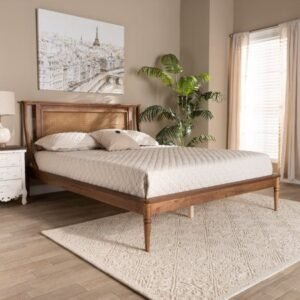 Modern Transitional Walnut Brown Finished Wood and Synthetic Queen Size Platform Bed