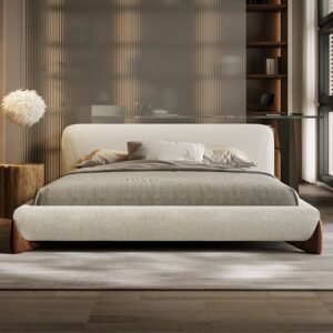 Modern White Platform Bed Frame with Upholstered Headboard