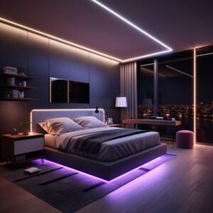 Simple Indian Wooden Bed Design with LED Lights