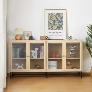 Storage Buffet Cabinet with Transparent 4 Doors and Adjustable Shelves