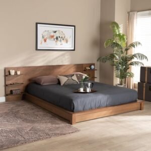 Walnut Brown Finished Wood Queen Size Platform Storage Bed with Shelves