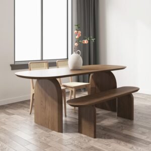 Walnut Coloured and Oval Finish Solid Wood Dining Bench